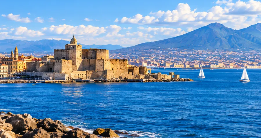 Castel dell'Ovo sul golfo di Napoli, col Vesuvio e le barche a vela