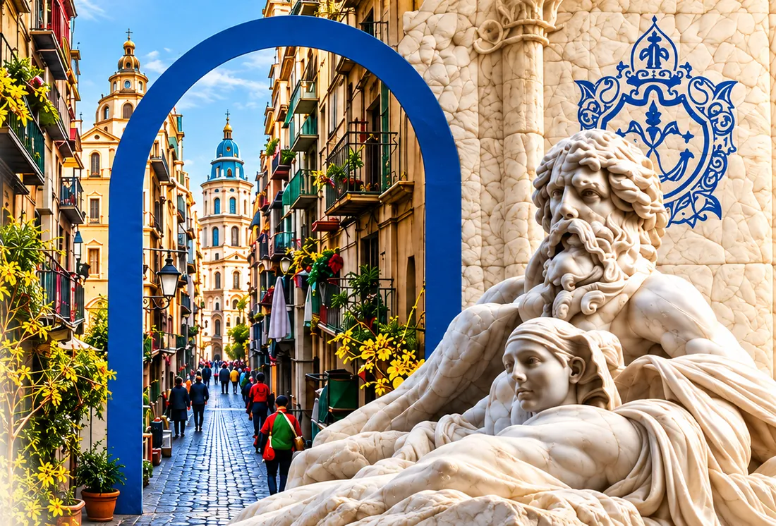 Un vicolo del centro storico di Napoli visto attraverso un arco blu, accanto alla statua del Nilo