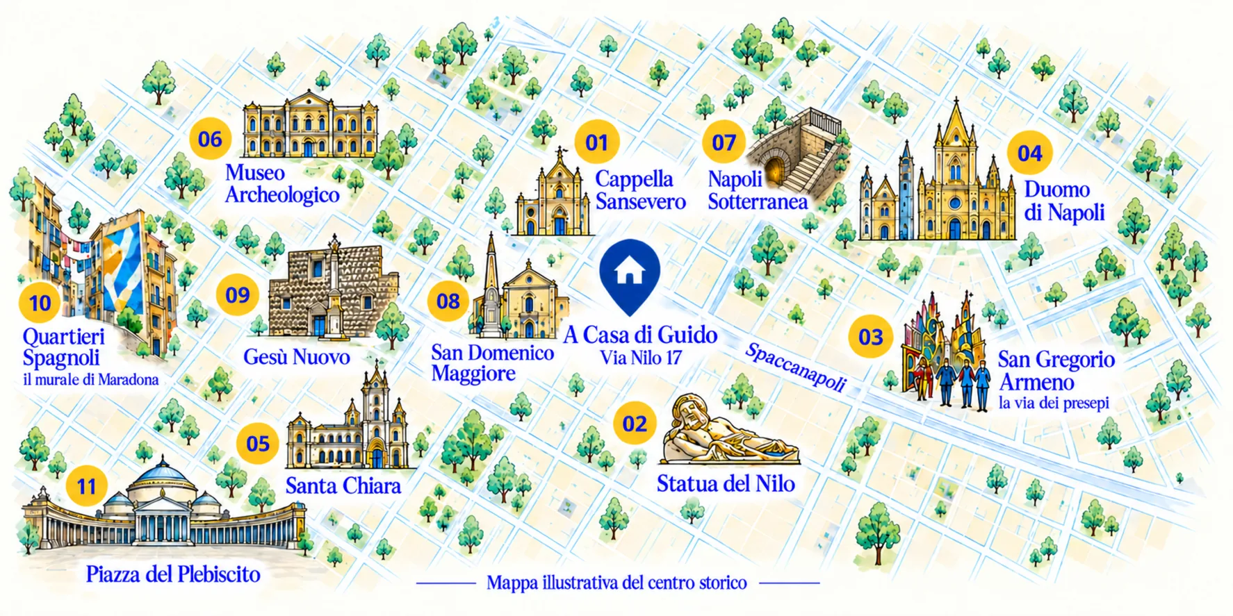 Illustrierter Stadtplan der Altstadt mit A Casa di Guido in der Via Nilo 17