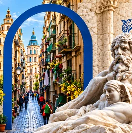 Eine Gasse in der Altstadt von Neapel, durch einen blauen Bogen gesehen, neben der Nil-Statue