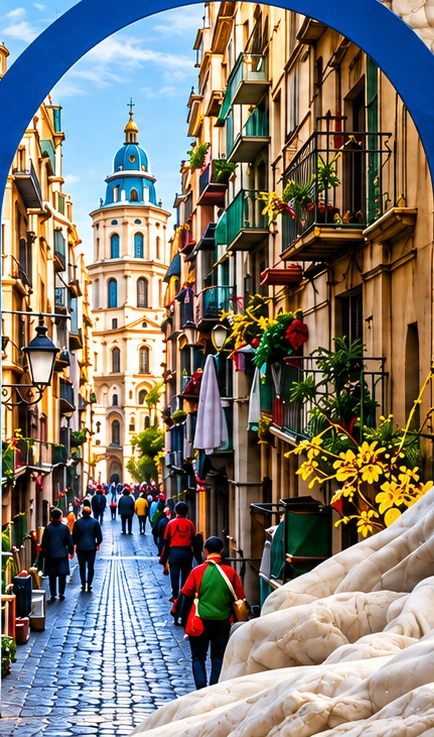 Eine Gasse in der Altstadt von Neapel, durch einen blauen Bogen gesehen, neben der Nil-Statue